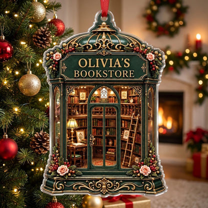 Green and gold ornate acrylic ornament with roses and a cozy bookstore interior reading OLIVIA'S BOOKSTORE.