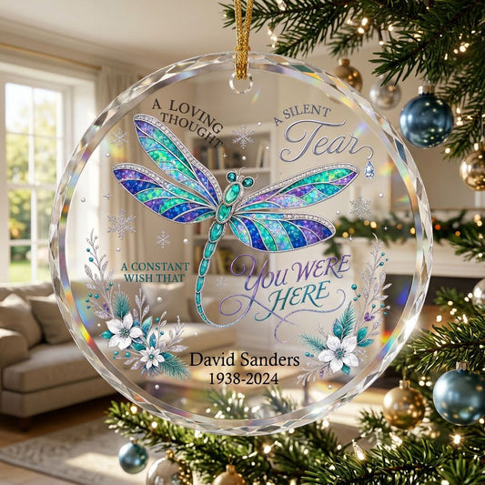 Personalized Dragonfly Memorial A Loving Thought A Silent Tear Round Glass Ornament