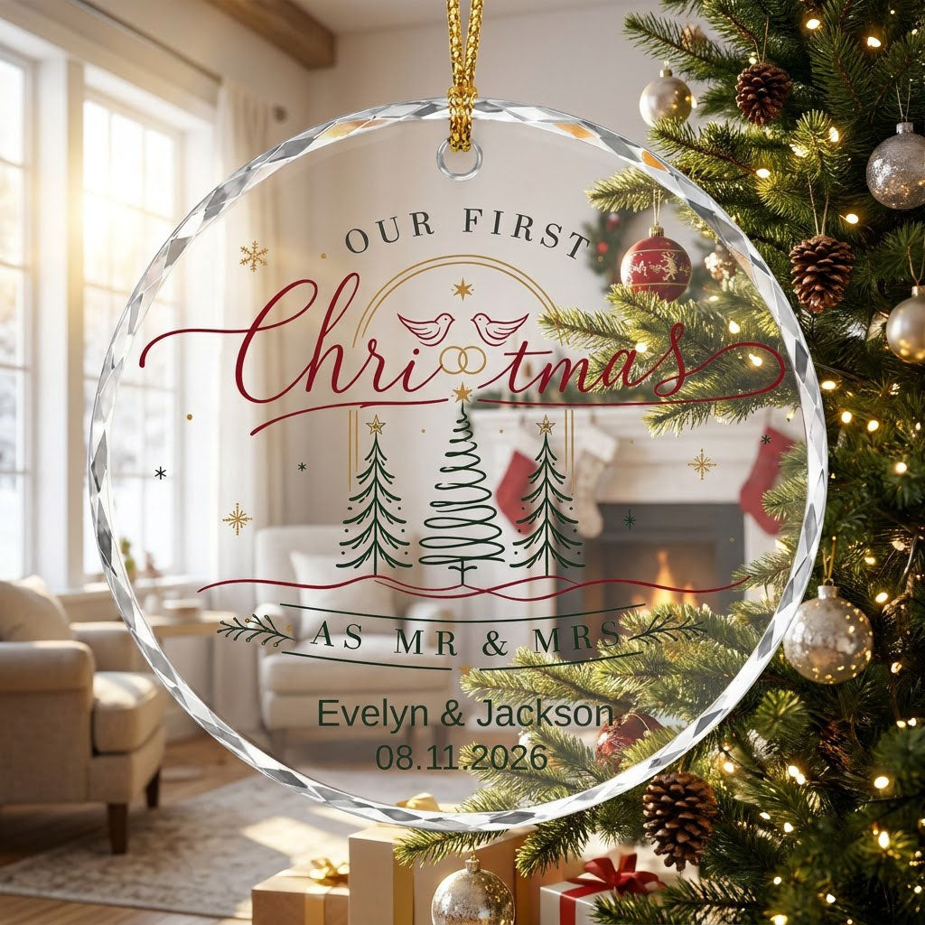Personalized Our First Christmas as Mr & Mrs Doves and Trees Round Glass Ornament