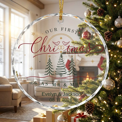 Personalized Our First Christmas as Mr & Mrs Doves and Trees Round Glass Ornament