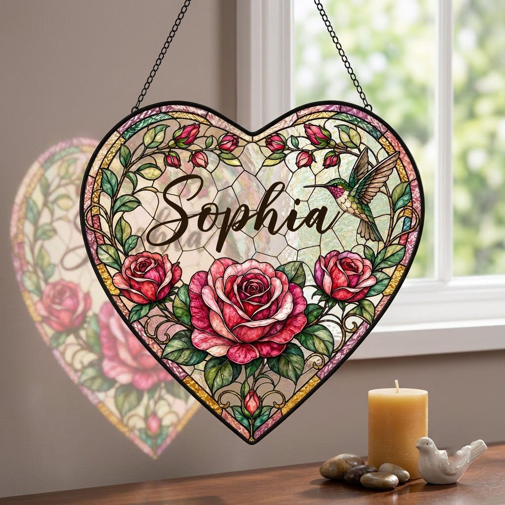 Heart stained-glass suncatcher with pink and red roses, a right-side hummingbird, and a multi-colored border.