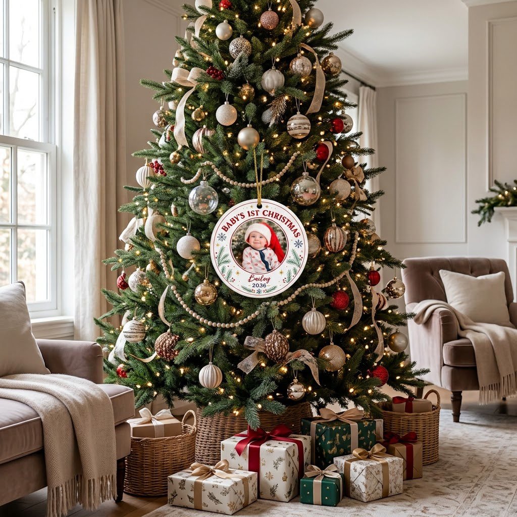 Round ceramic ornament with 'BABY'S 1ST CHRISTMAS', pine sprigs, snowflakes, gold stars, red rings, and a photo frame