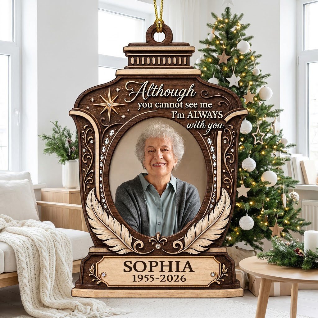 Lantern-shaped memorial wood ornament with oval photo, two feathers, starburst, fleur-de-lis and scrollwork accents.