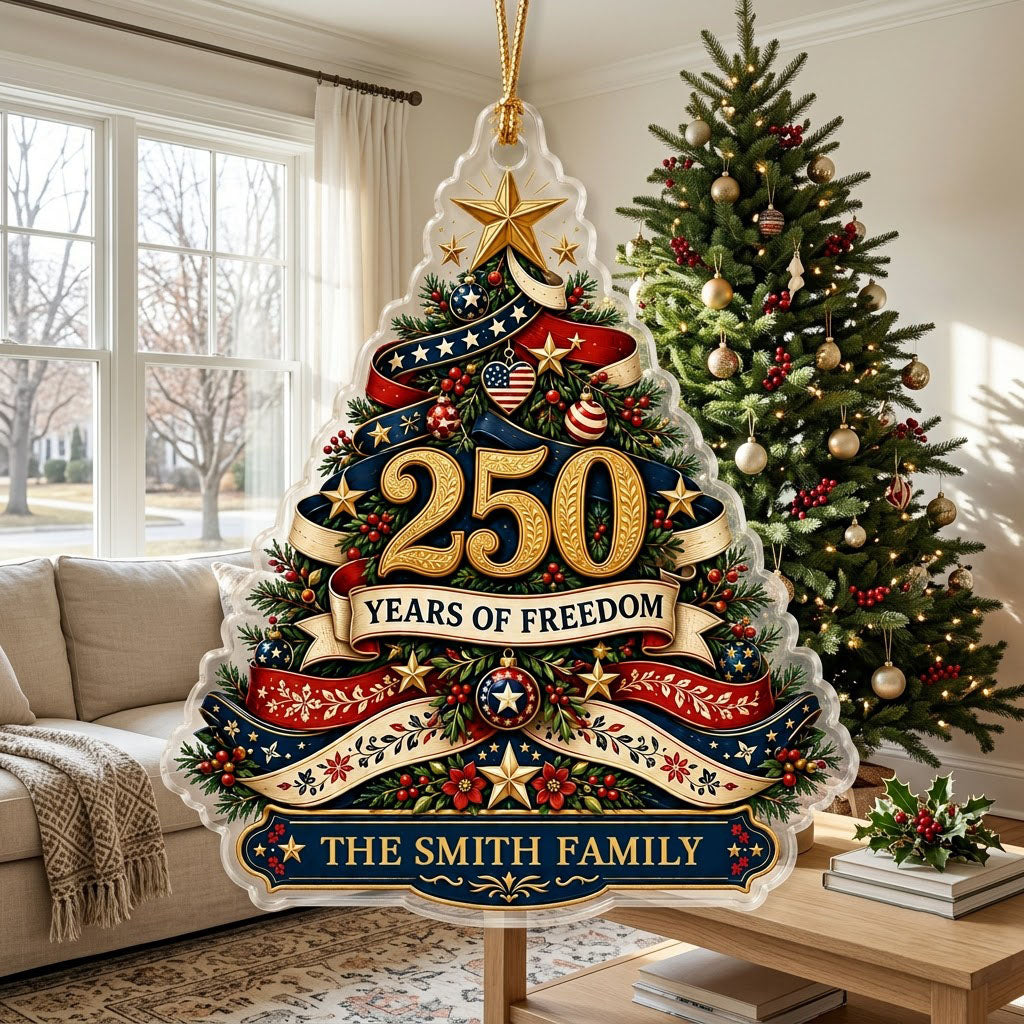Personalized America 250th Christmas Tree Acrylic Ornament, Custom Patriotic Holiday Keepsake