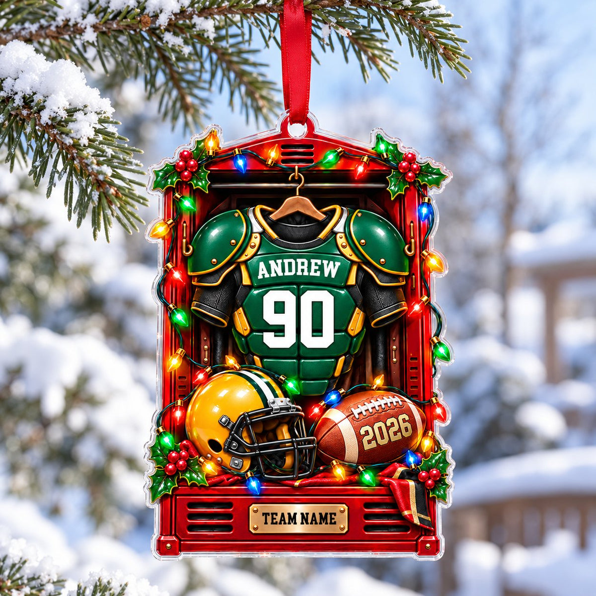Red locker ornament with green jersey, yellow helmet and football, Christmas lights, personalized name and number.