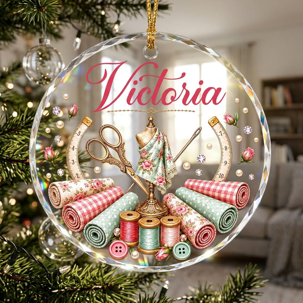 Round faceted glass ornament with a vintage dress form, sewing notions, and personalized name Victoria in pink and gold 