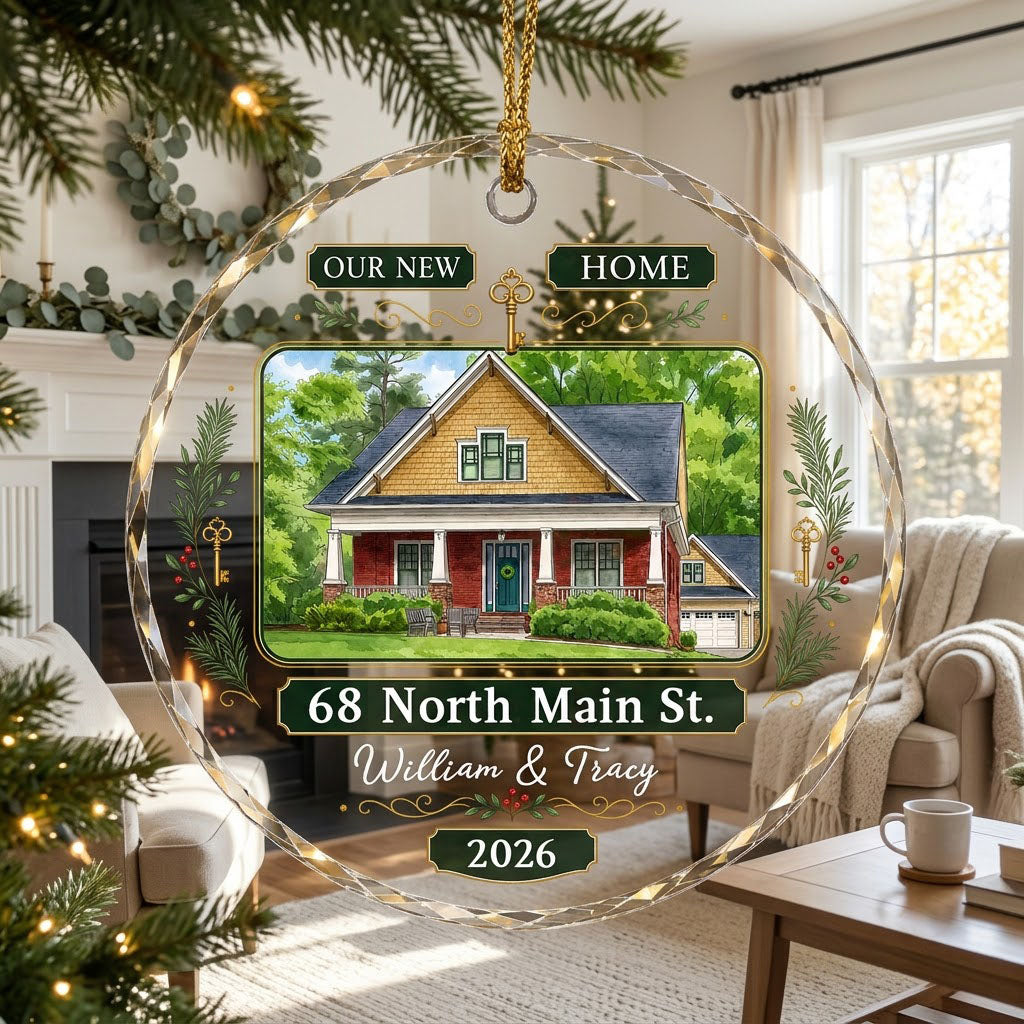 Round glass ornament with watercolor house, green and gold banners, gold key, pine branches, and address and year plaque