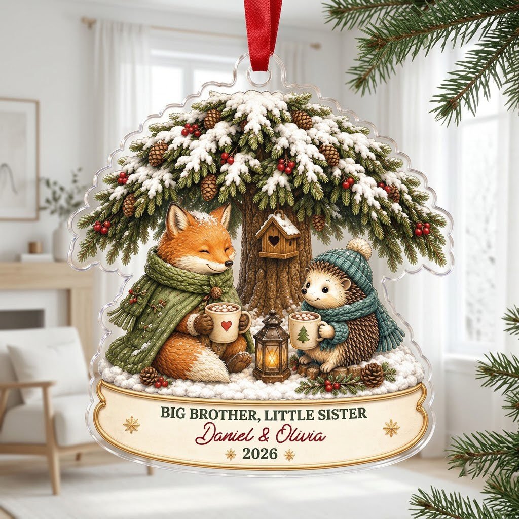 Acrylic ornament with snowy tree, fox and hedgehog holding mugs, banner says BIG BROTHER, LITTLE SISTER.