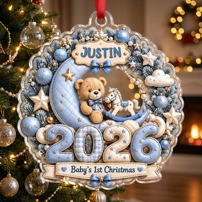 Blue wreath acrylic ornament with Baby's 1st Christmas, teddy bear, rocking horse, personalized name and 2026.