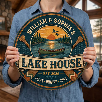 Personalized Lake House Canoe Sunset Round Wooden Hanging Sign