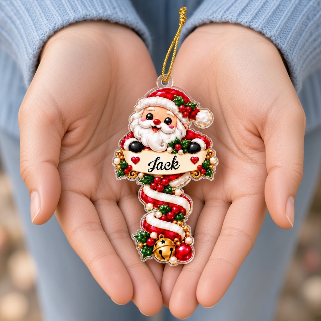 Custom-cut acrylic ornament with Santa or penguin holding a name banner on a red-and-white candy cane.