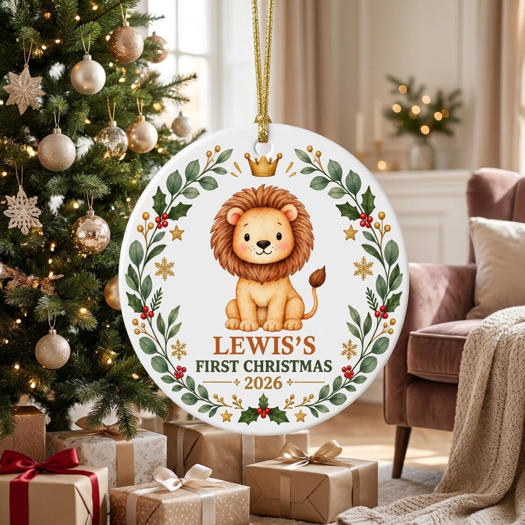 Round ceramic ornament with a cute crowned lion inside a festive wreath of green leaves, red berries, stars and snowflak
