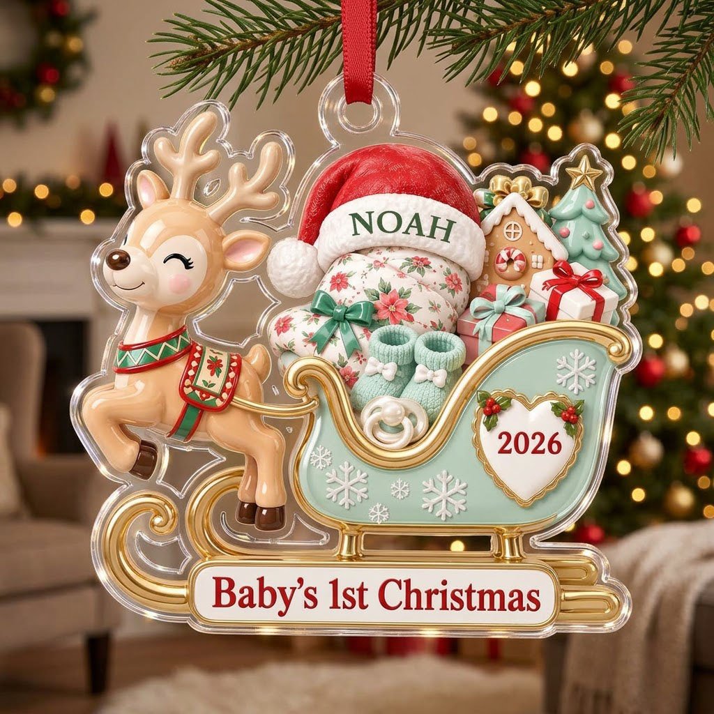 Acrylic ornament of a reindeer pulling a mint-green sleigh with a baby, gifts, and 'Baby's 1st Christmas' text.