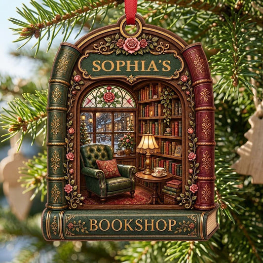 Arch-shaped wood ornament framed by book spines with BOOKSHOP and a cozy library scene with lamp and armchair.