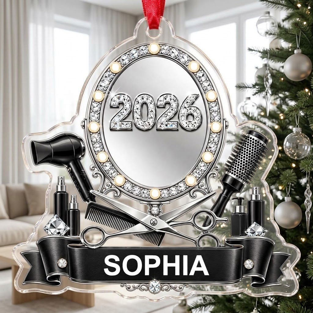 Clear acrylic ornament with a lit vanity mirror and salon tools, featuring SOPHIA and 2026 on a black banner.