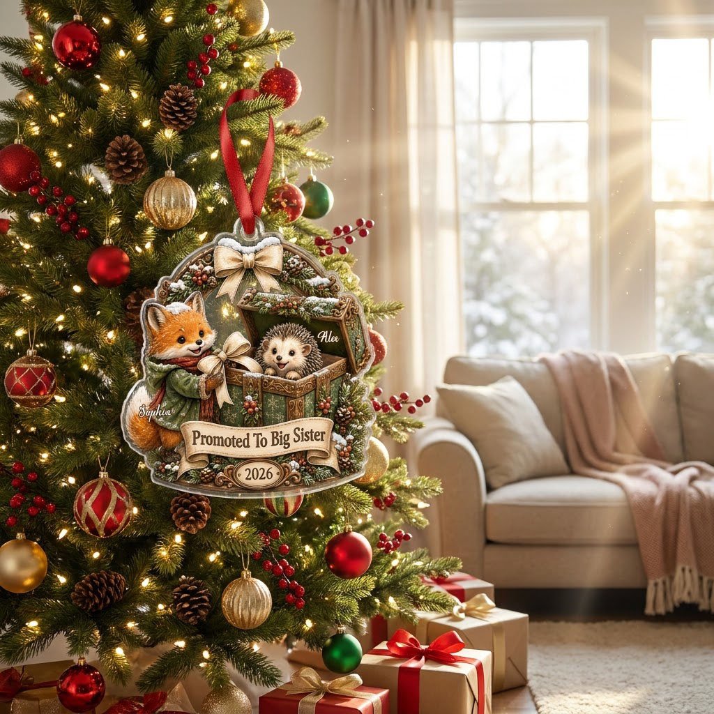 Custom-cut acrylic ornament: fox in jacket, hedgehog in box, pine arch and Promoted To Big Sister banner.