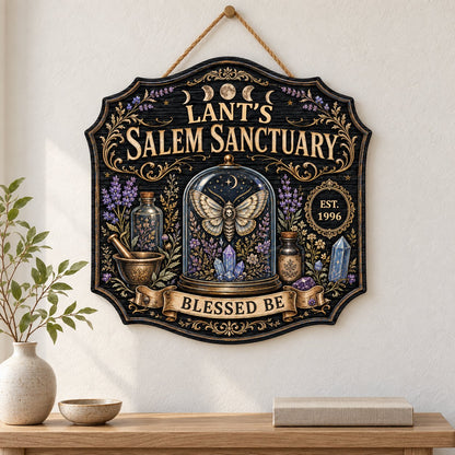 Ornate shield wooden sign with 'Salem Sanctuary,' moon phases, moth, crystals, and personalized name and year.