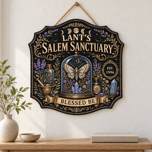 Ornate shield wooden sign with 'Salem Sanctuary,' moon phases, moth, crystals, and personalized name and year.