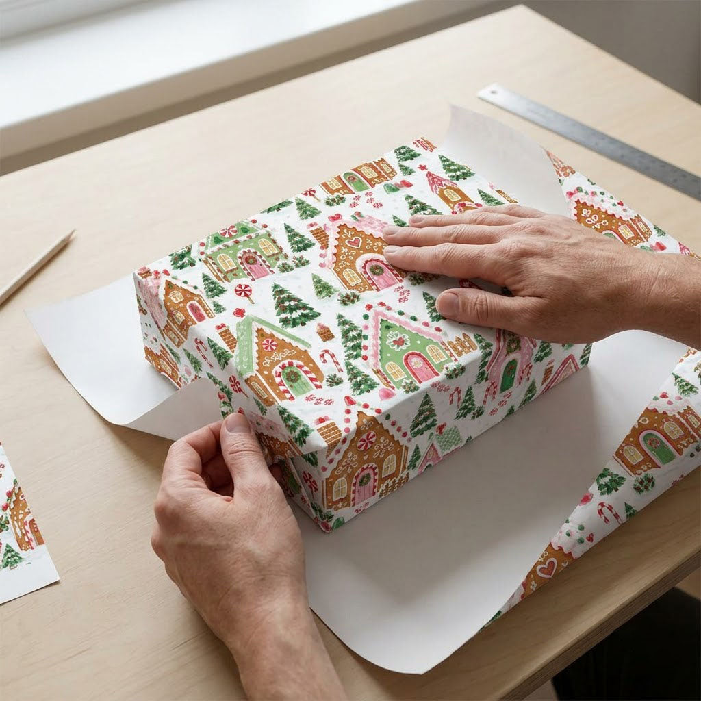 Watercolor gingerbread houses, candy canes, lollipops, pine trees and hearts on snowy white wrapping paper.