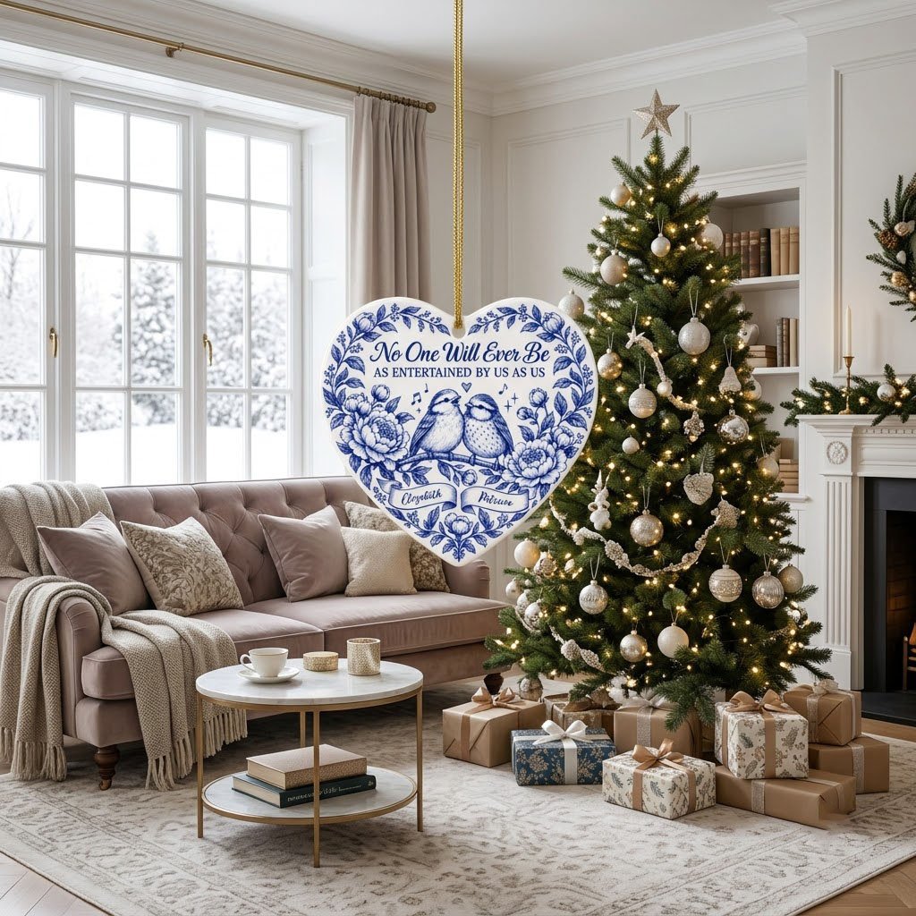 Heart ceramic ornament with two birds, blue floral frame, music notes above, and two name banners in cobalt.