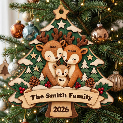 Tree-shaped wood ornament with a deer family, star topper, holly, pinecones, and personalized names and year.