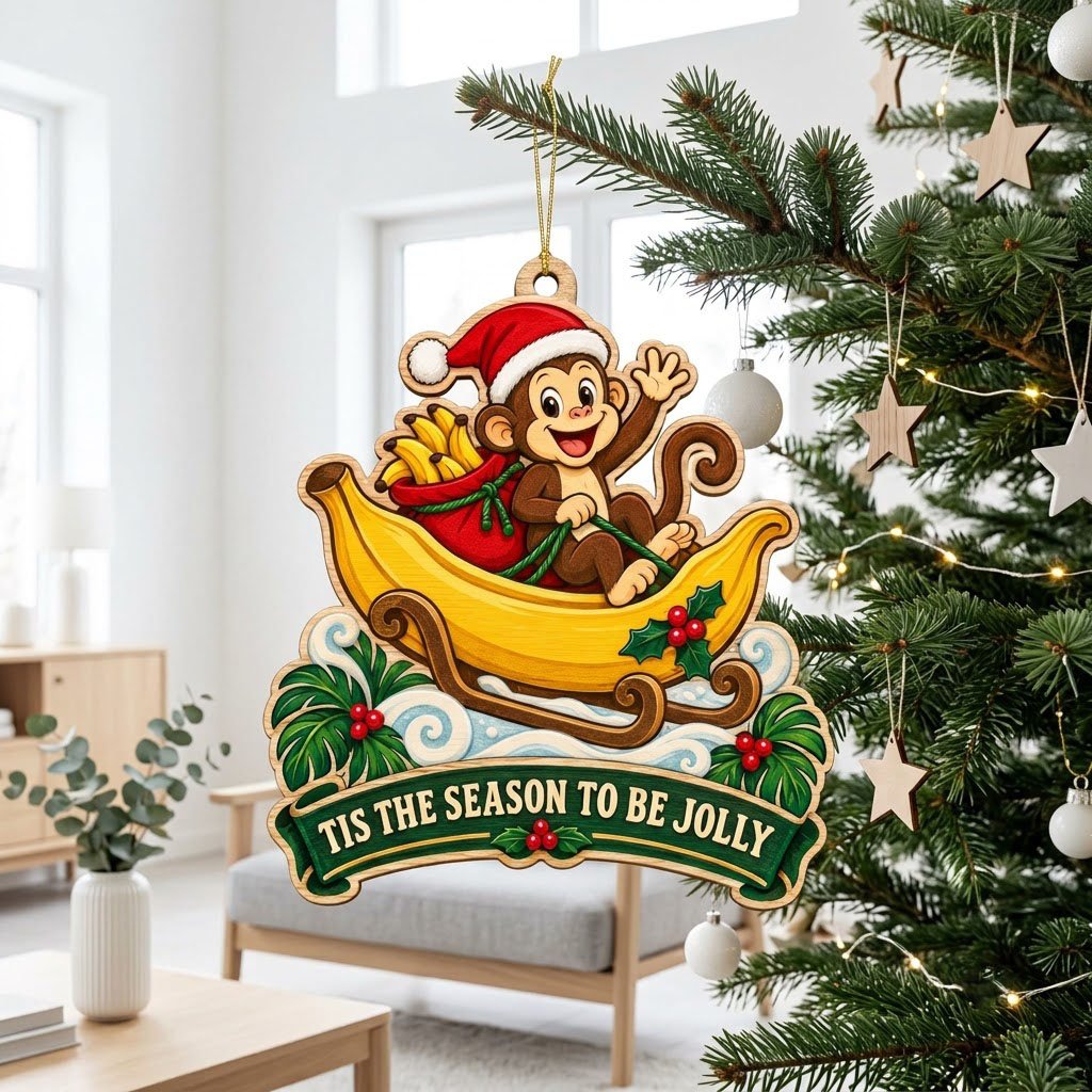 Custom-cut wood ornament with monkey in Santa hat riding a banana sleigh, banner reads TIS THE SEASON TO BE JOLLY.