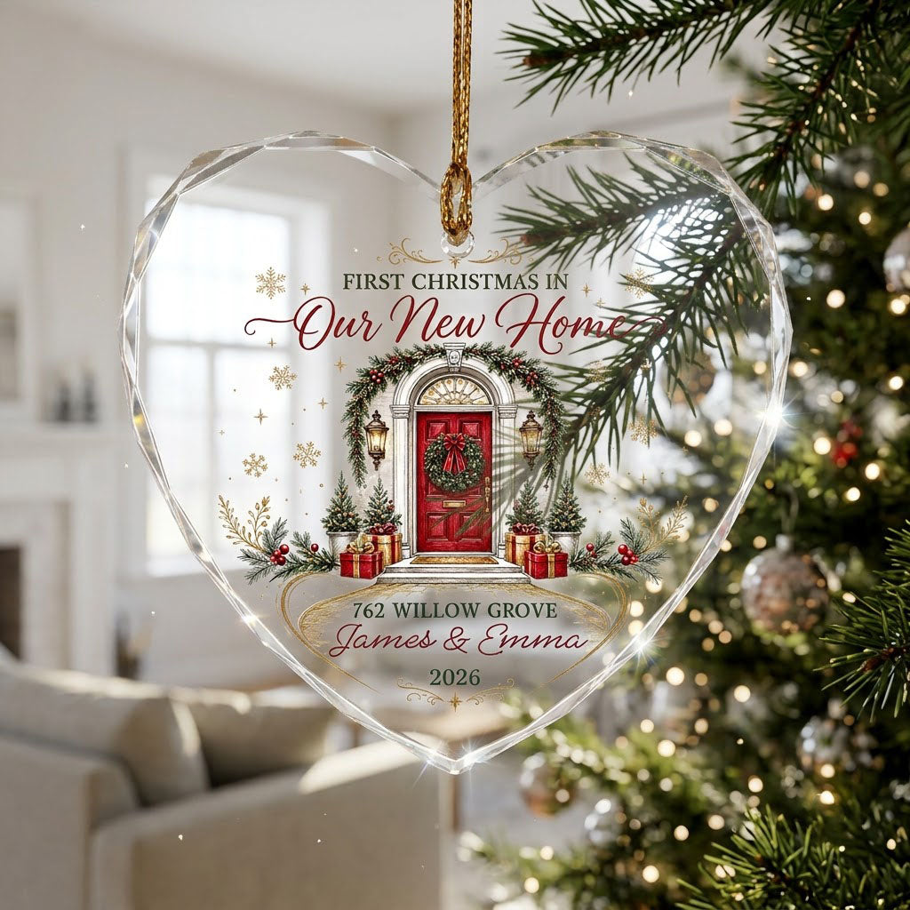 Heart-shaped glass ornament with a red front door, wreath, garland, lanterns, gift boxes, and gold snowflakes.