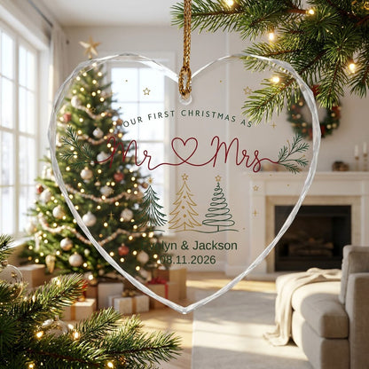 Personalized Our First Christmas as Mr & Mrs Minimalist Trees Heart Glass Ornament