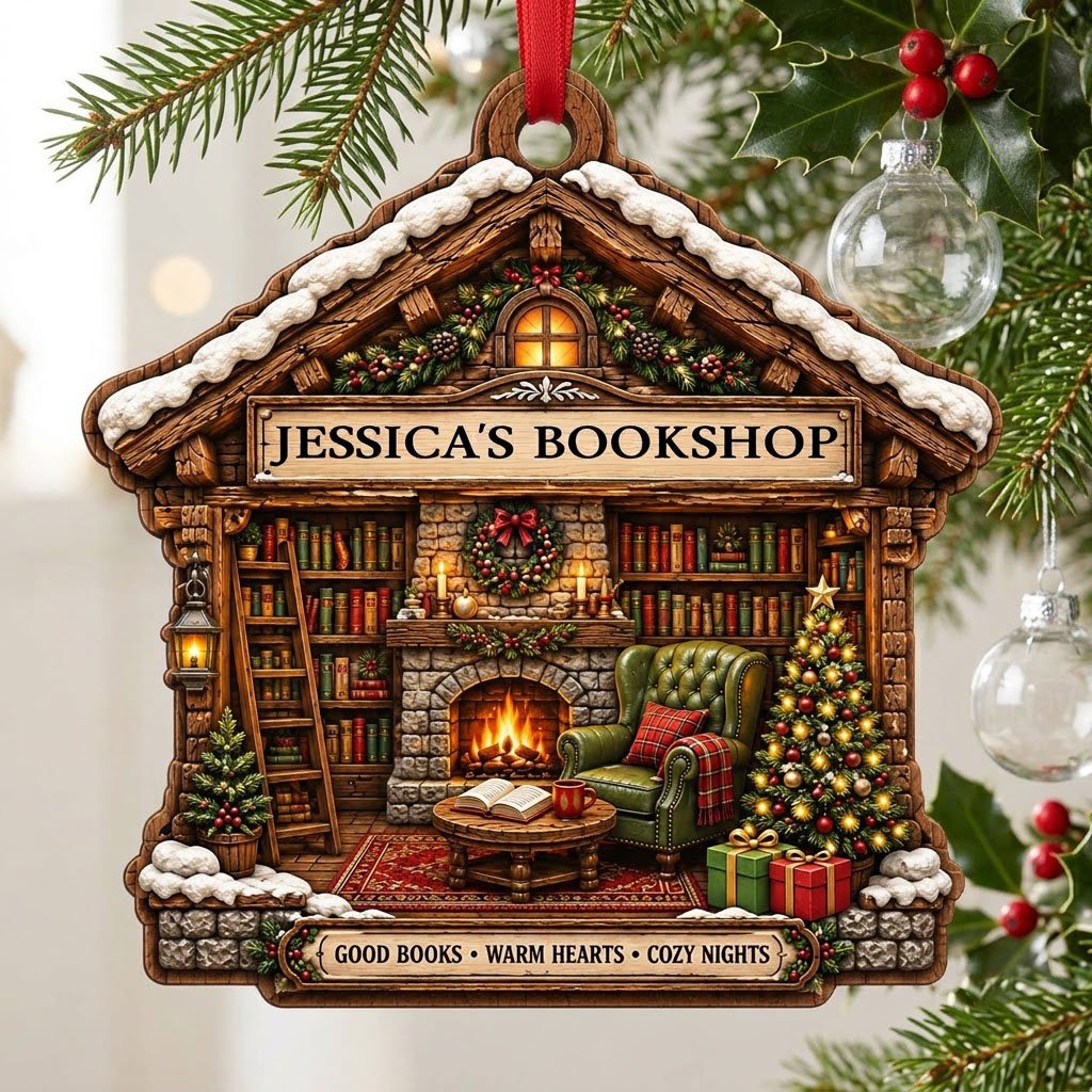 House-shaped wood ornament with cozy bookshop scene, fireplace, bookshelves, and a lit Christmas tree.