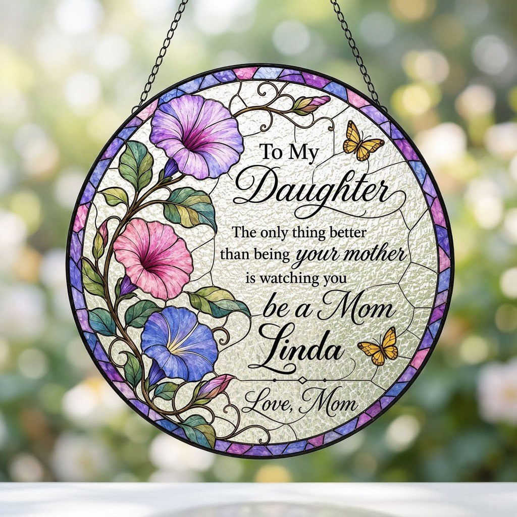 Stained glass–style round suncatcher with three morning glories, two yellow butterflies, and a purple-blue mosaic border