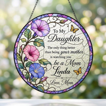 Stained glass–style round suncatcher with three morning glories, two yellow butterflies, and a purple-blue mosaic border