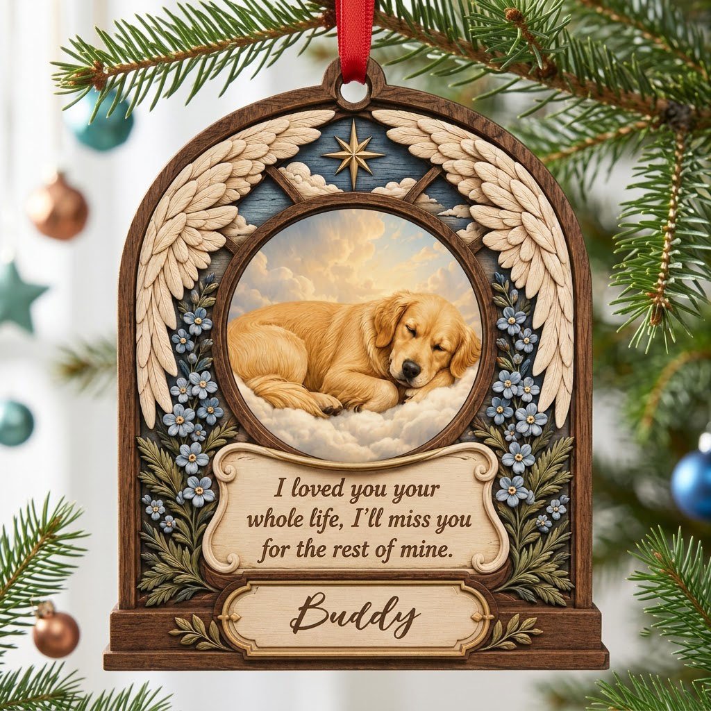 Arch wood ornament with angel wings, star, forget-me-not flowers, and a circular pet photo slot in the center.
