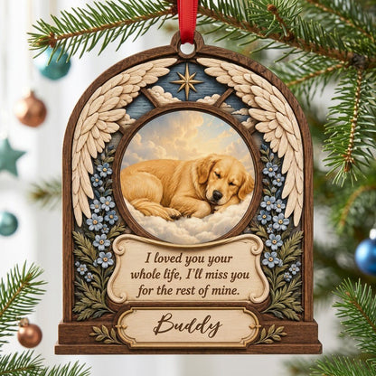 Arch wood ornament with angel wings, star, forget-me-not flowers, and a circular pet photo slot in the center.