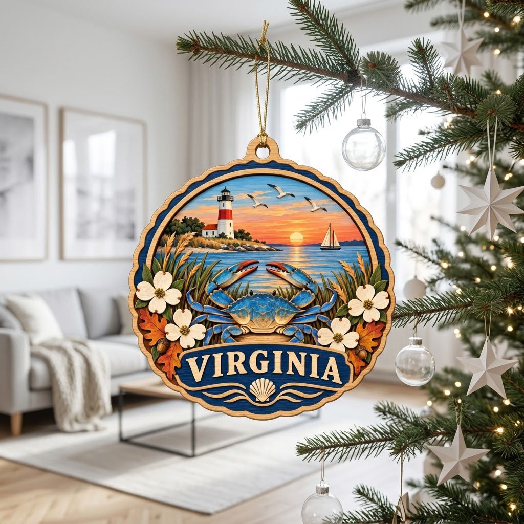 Scalloped wood ornament with blue crab, dogwood, lighthouse, sailboat, seagulls, and sunset over water with Virginia ban