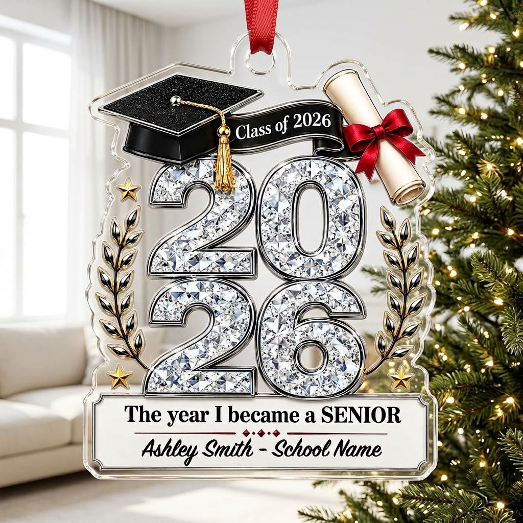 Custom-cut clear acrylic ornament shaped like a graduation cap with Class of 2026, diploma, laurels, and name plaque.
