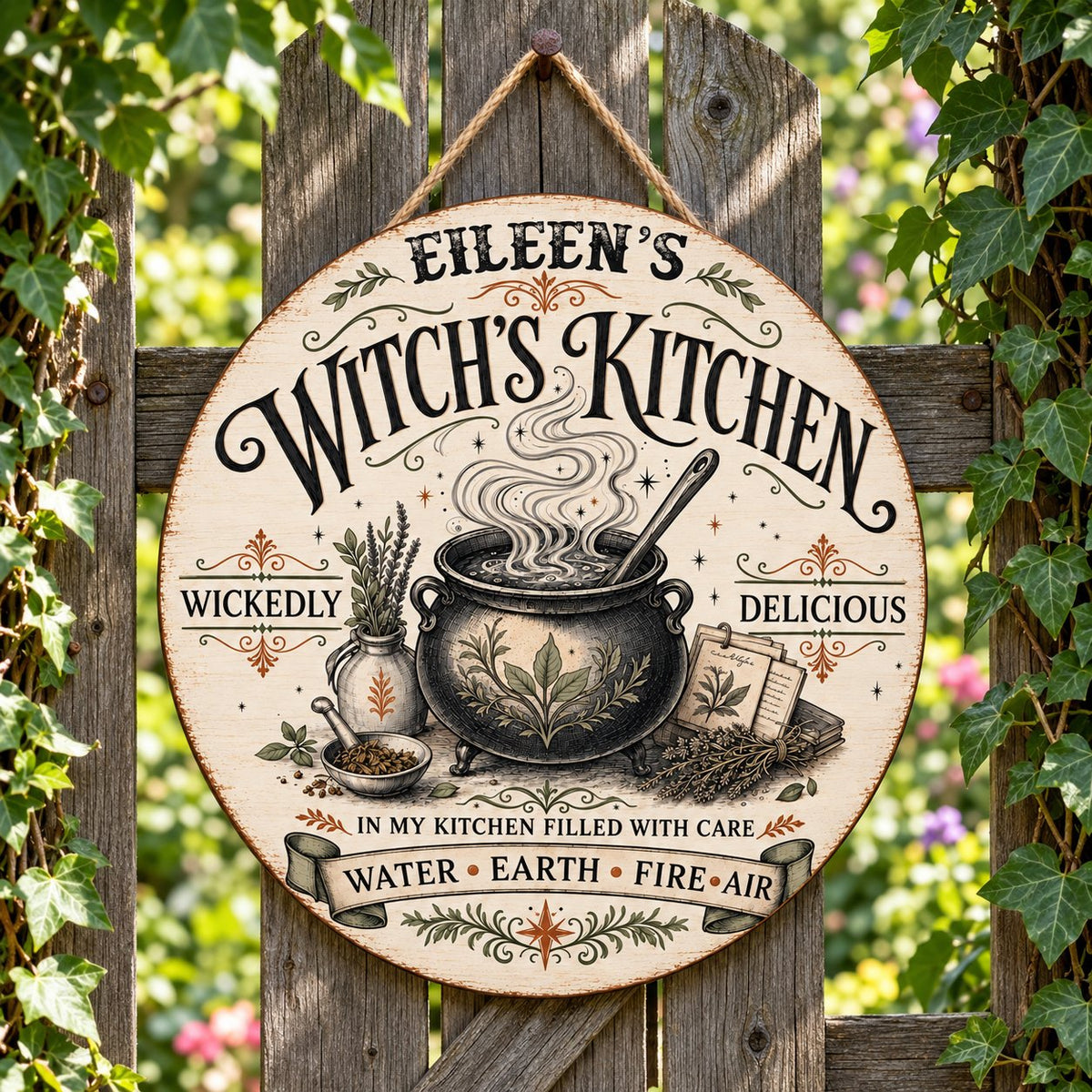 Round wooden hanging sign with a bubbling cauldron, herbs, spellbook, stars and the words Witch's Kitchen.
