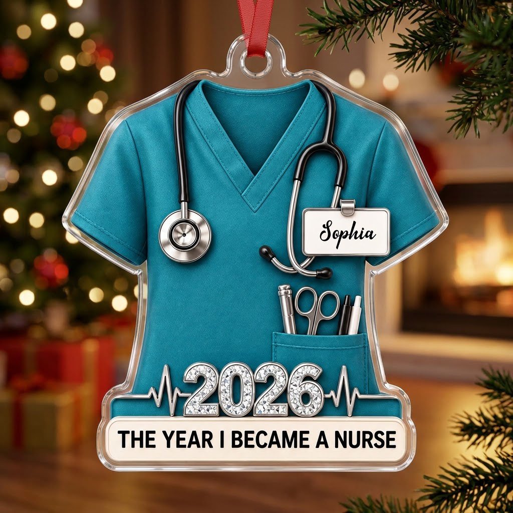 Teal scrub top acrylic ornament with stethoscope, ID badge, pocket tools, EKG line, 2026 numerals and a white name banne