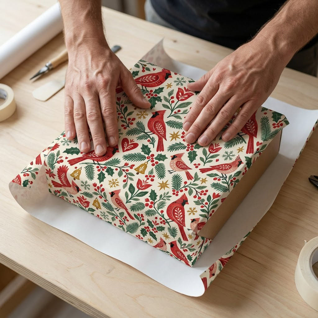 Cream gift wrap with red cardinals, pine and holly, berries, gold bells and snowflakes in a Christmas pattern.