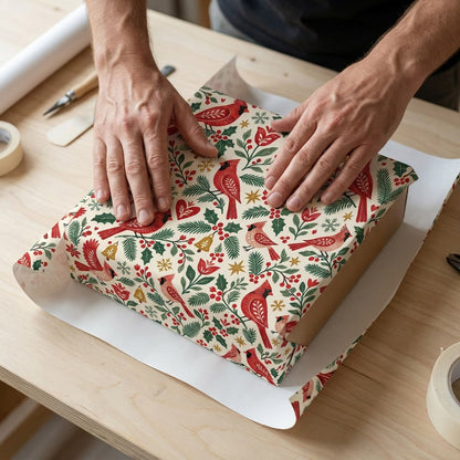 Cream gift wrap with red cardinals, pine and holly, berries, gold bells and snowflakes in a Christmas pattern.