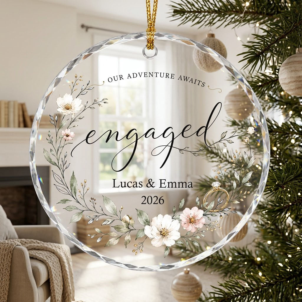Personalized Our Adventure Awaits Floral Wreath Engaged Round Glass Ornament