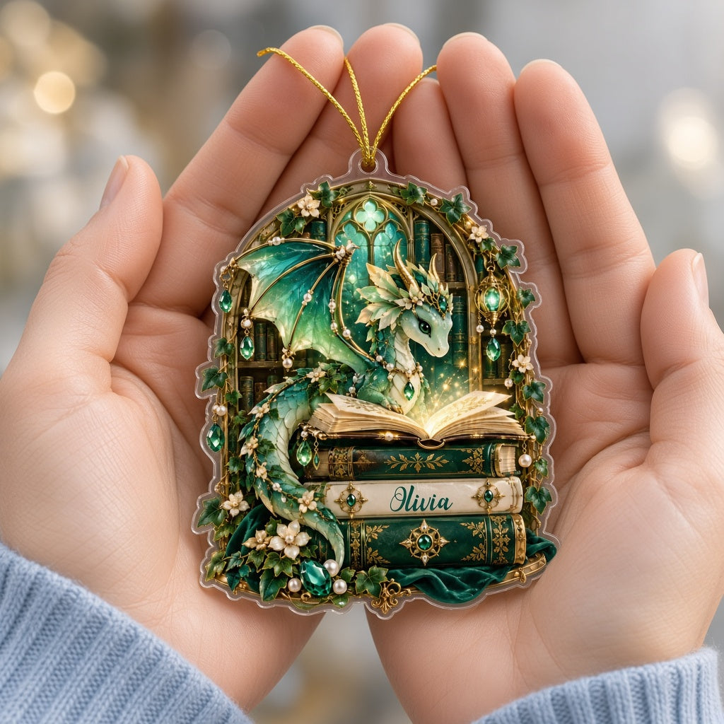 Emerald green dragon with gold-accented wings on vintage books, name Olivia, stained-glass arch acrylic ornament.