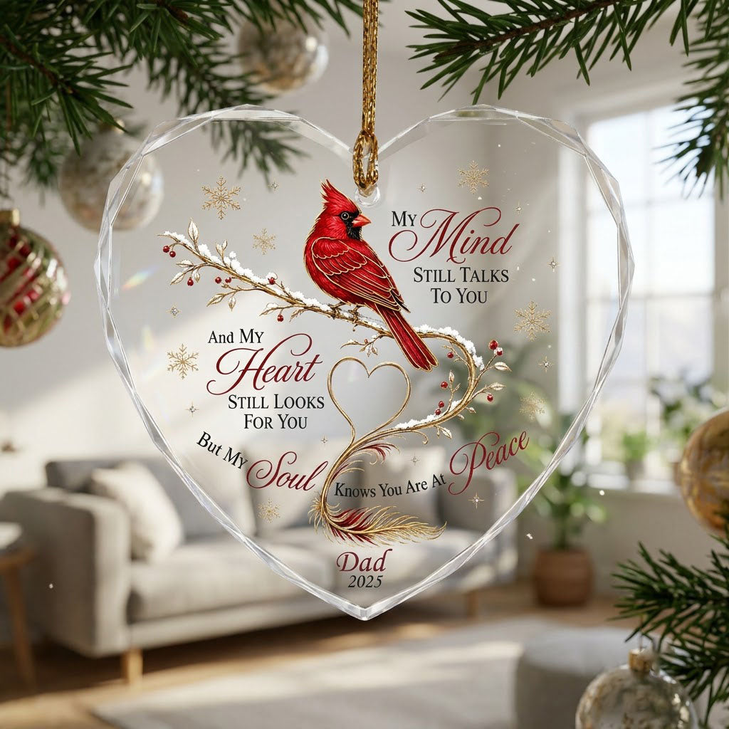 Personalized Cardinal Memorial My Mind Still Talks To You Heart Glass Ornament