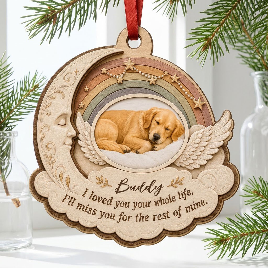 Wood ornament with crescent moon, angel wings, rainbow, and a sleeping dog photo above a cloud plaque.
