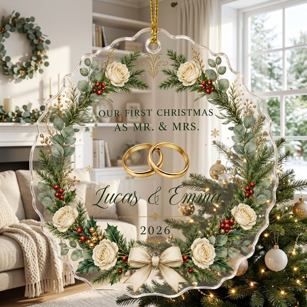 Personalized Our First Christmas as Mr & Mrs Acrylic Ornament, Custom Wedding Rings Floral Wreath Keepsake