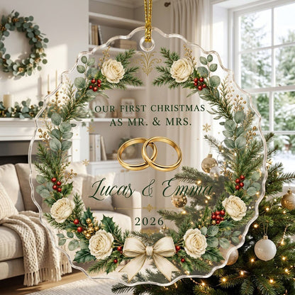 Personalized Our First Christmas as Mr & Mrs Acrylic Ornament, Custom Wedding Rings Floral Wreath Keepsake