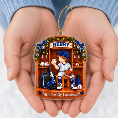 Custom acrylic ornament of a boy in a baseball locker with garland and snowflakes, personalized with his name.