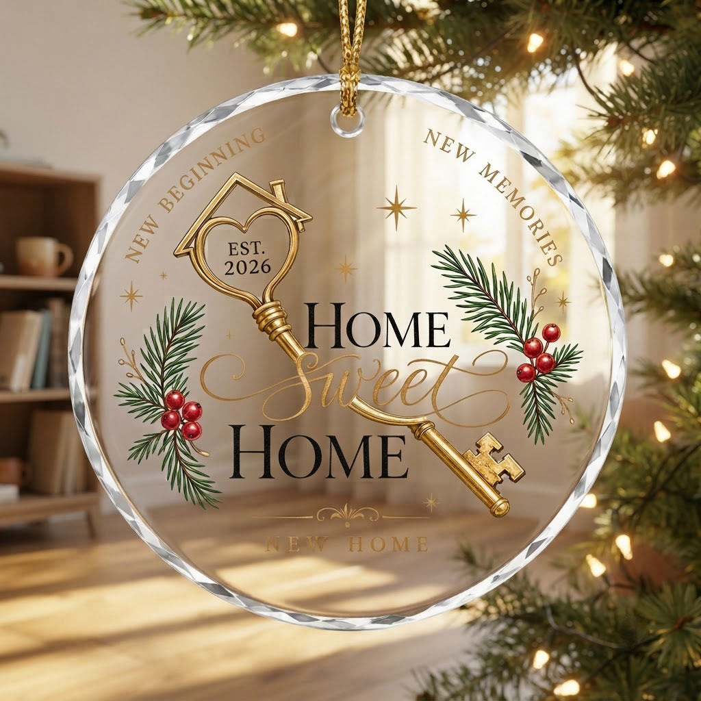 Personalized Home Sweet Home Golden Key Round Glass Ornament