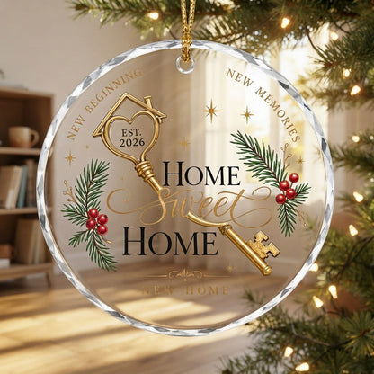 Personalized Home Sweet Home Golden Key Round Glass Ornament