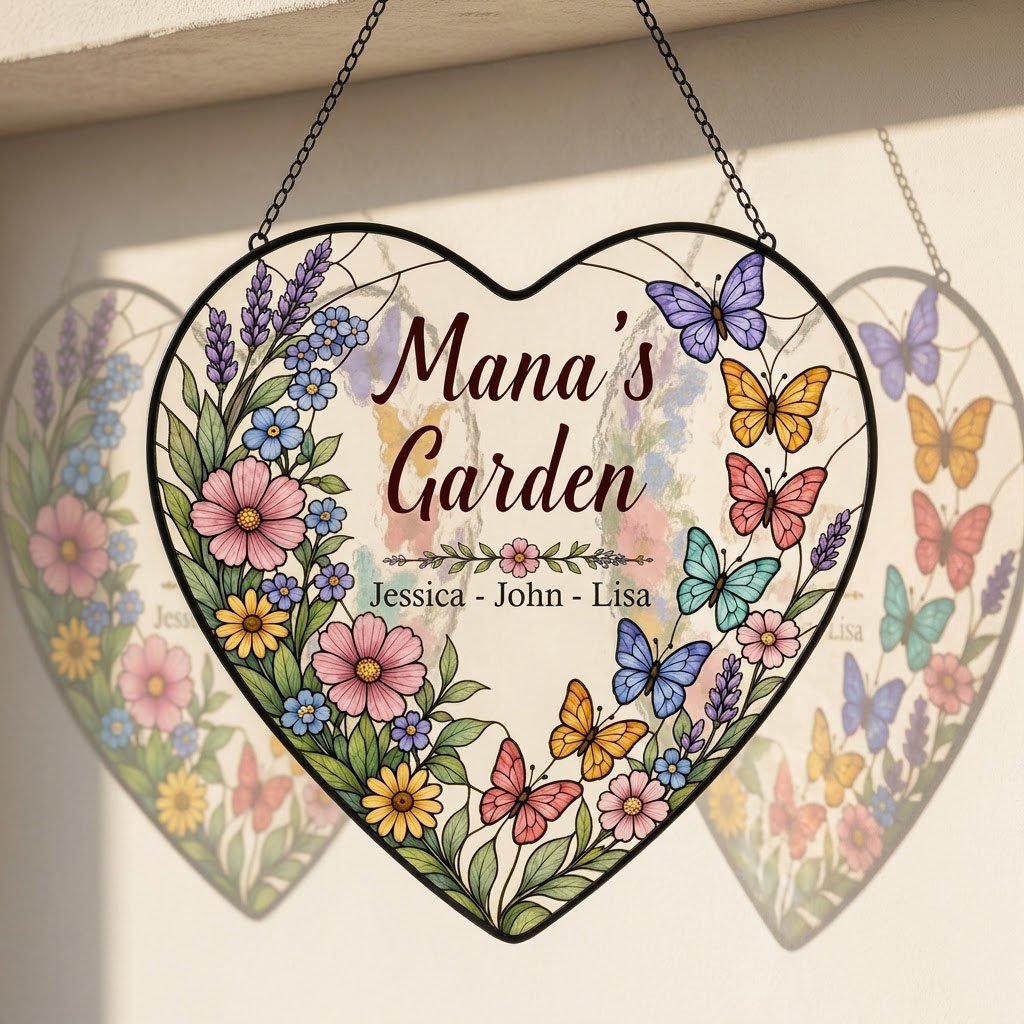 Heart stained-glass suncatcher with floral border, colorful butterflies, and 'Mana's Garden' with kids' names.