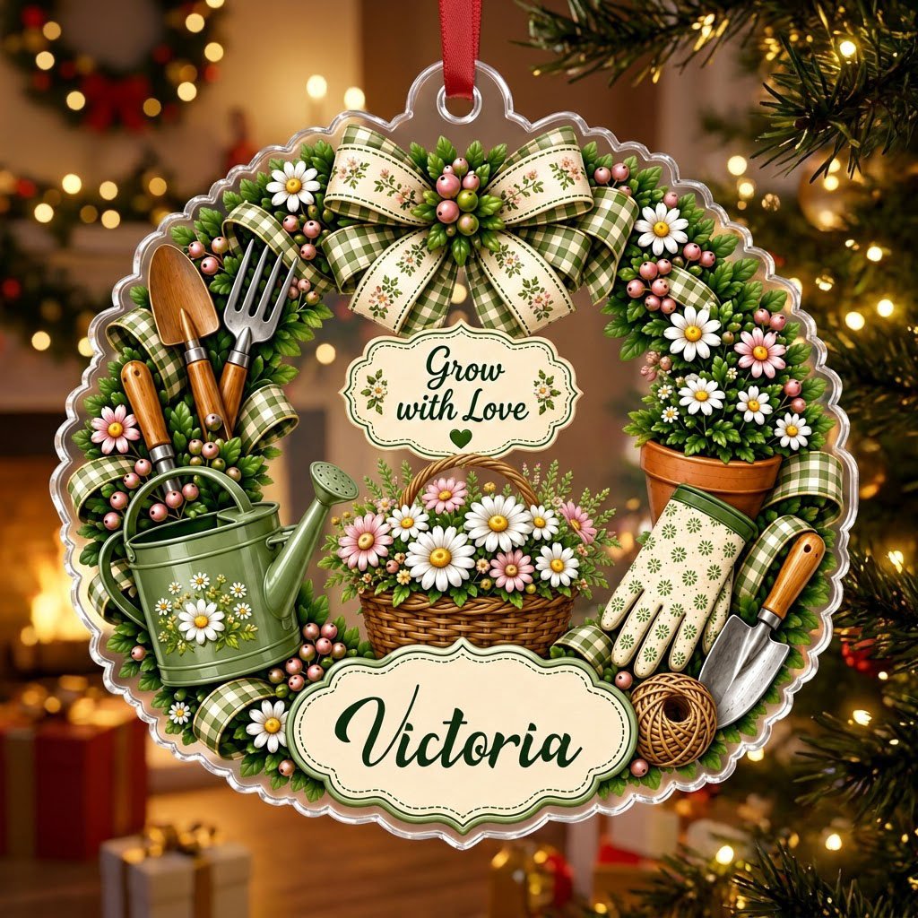 Scalloped acrylic ornament with a floral gardening wreath, tools, and "Grow with Love" plus a personalized name.